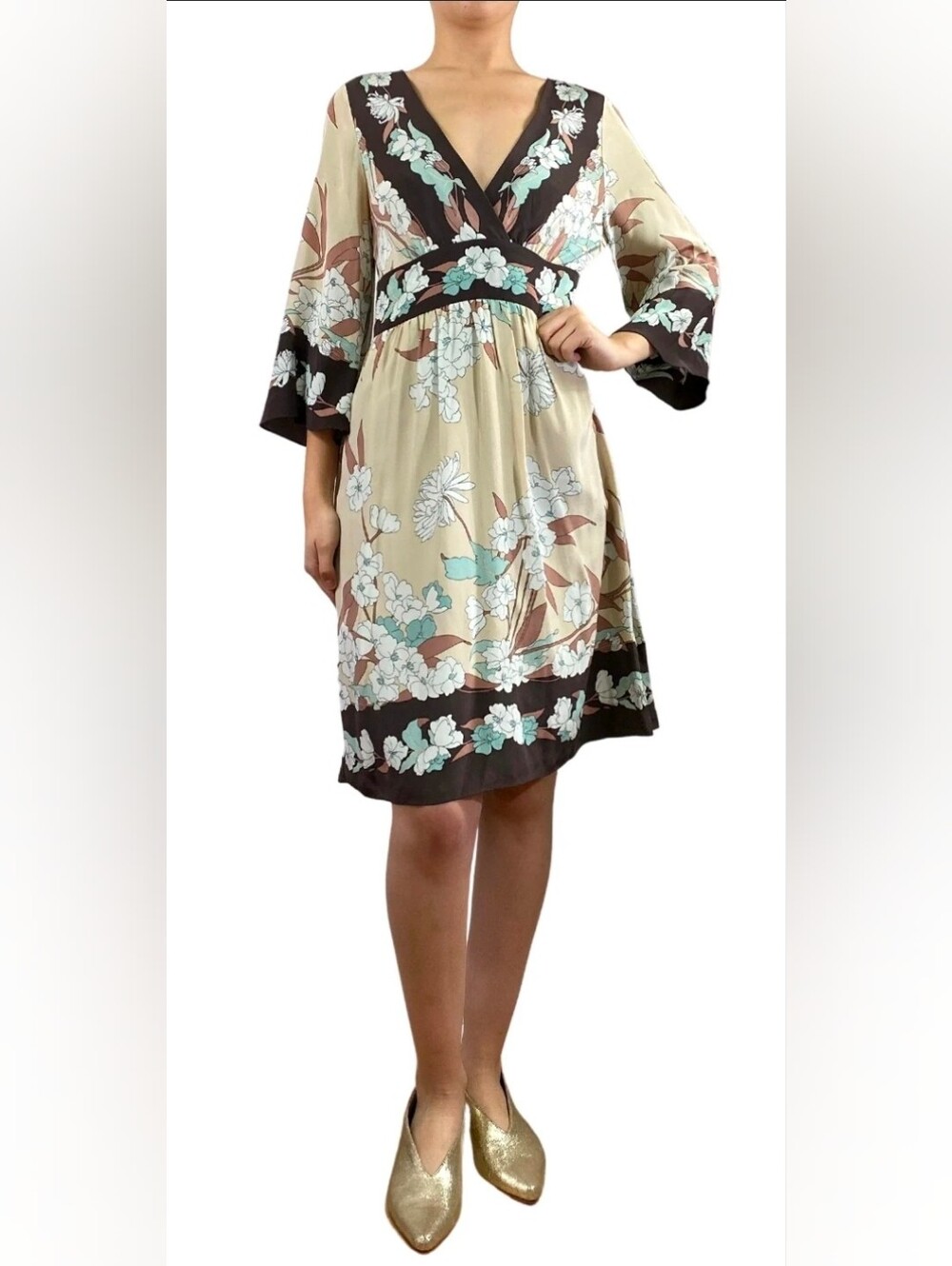 NWT-BCBGMAXAZRIA BOHO Floral V-Neck Empire Waist Silk Dress-Small-Orig $280.00